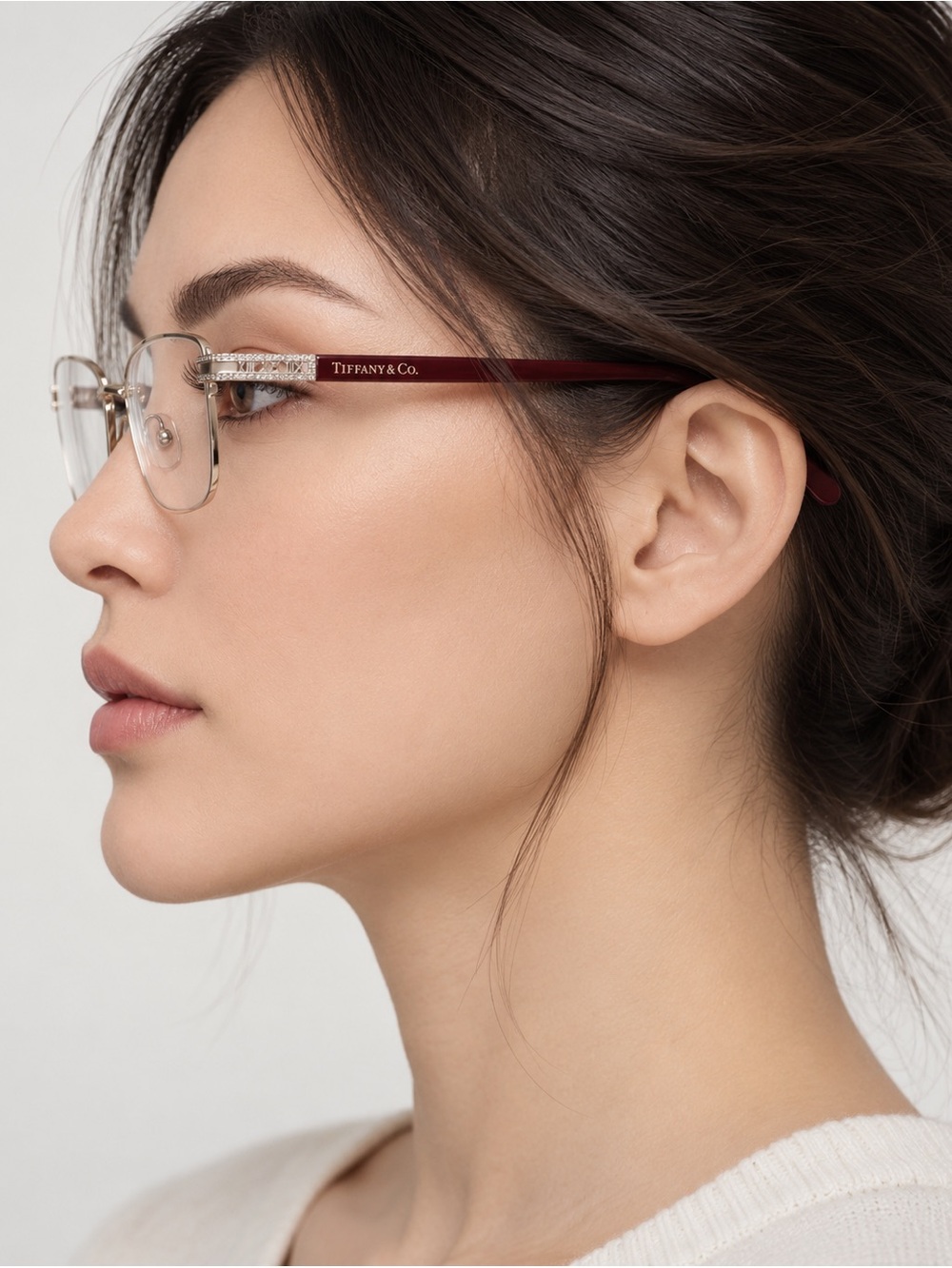 TIFFANY & CO Eyeglasses Burgundy Roman Numeral Crystal Detail Designer Frames